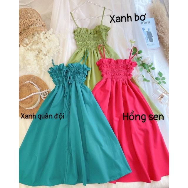 Đầm maxi đi biển 2 dây nhún ngực cột dây nơ lưng mùa hè Ulzzang