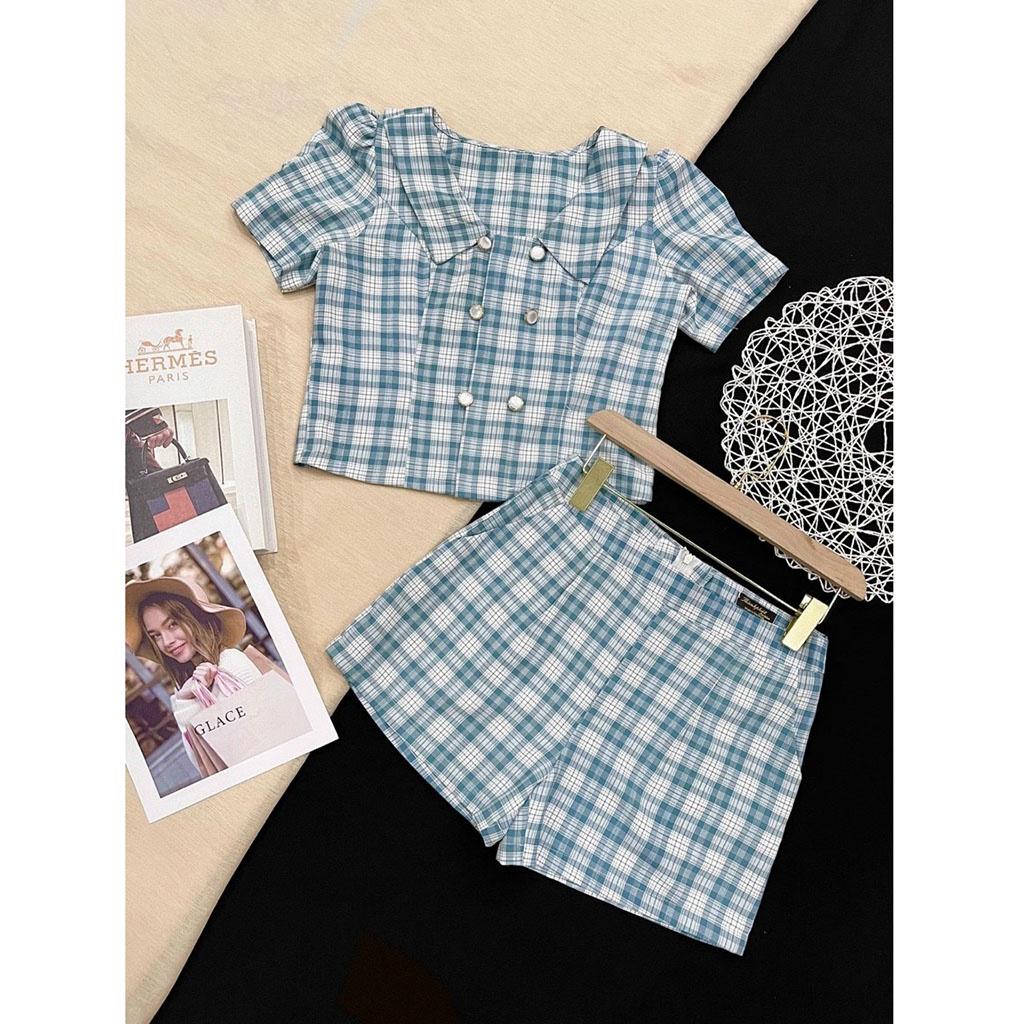 Set đồ bộ đi chơi nữ áo sơ mi croptop và quần short đùi caro chất vải mềm nhẹ thoáng mát