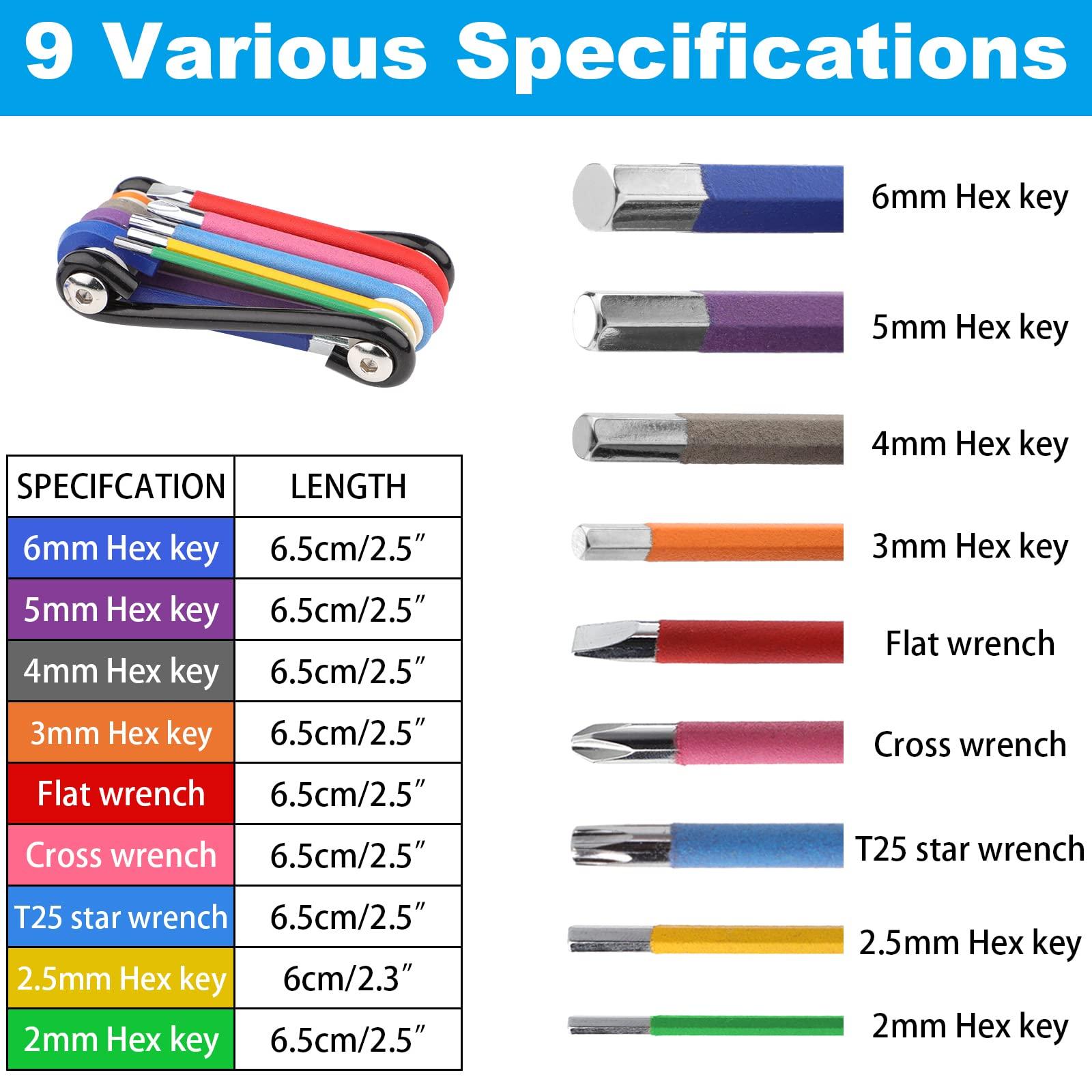 Bộ khóa Imbus có thể gập lại để sửa chữa xe đạp, cờ lê ổ cắm bên trong nhỏ với vòng chìa khóa, cờ lê lục giác trong 2 mm, 2,5mm, 3 mm, 4mm, 5 mm, 6 mm, khe cắm chéo, vít phẳng và t25