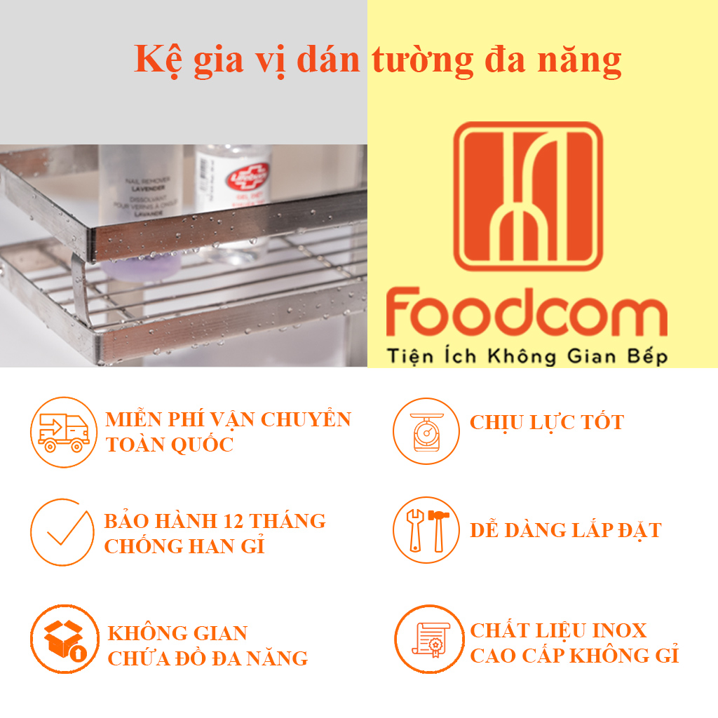 Combo 3 kệ gia vị dán tường đa năng FOODCOM chất liệu inox cao cấp không han gỉ có miếng dán 3M cực kỳ chắc chắn chịu lực  30 kg tiết kiệm không gian gia đình