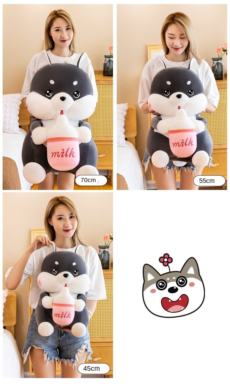 Gấu bông chó Husky ôm bình sữa siêu dễ thương – Quà tặng thú nhồi bông chó má phệ bú bình – Size từ 50 cm đến 80 cm – Gối ôm chó Husky milk cho bé ngủ ngon
