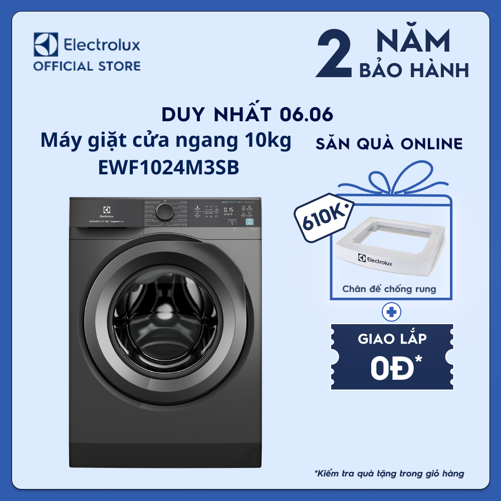 [Free Giao lắp] Máy giặt cửa ngang Electrolux 10kg UltimateCare 300 EWF1024M3SB - Xám đen Onyx diệt 99.9% vi khuẩn, giảm dị ứng, Tiết kiệm điện [Hàng chính hãng]