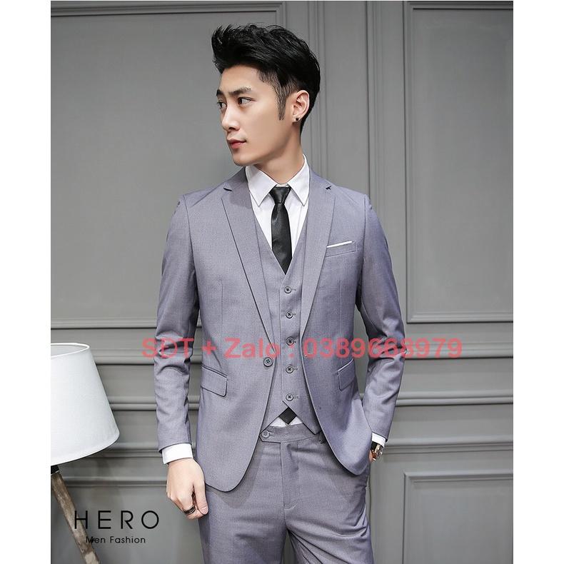 Bộ Vest Nam Cao Cấp Màu Ghi Xám, Bộ Suit Nam Hàn Quốc Vải Sịn