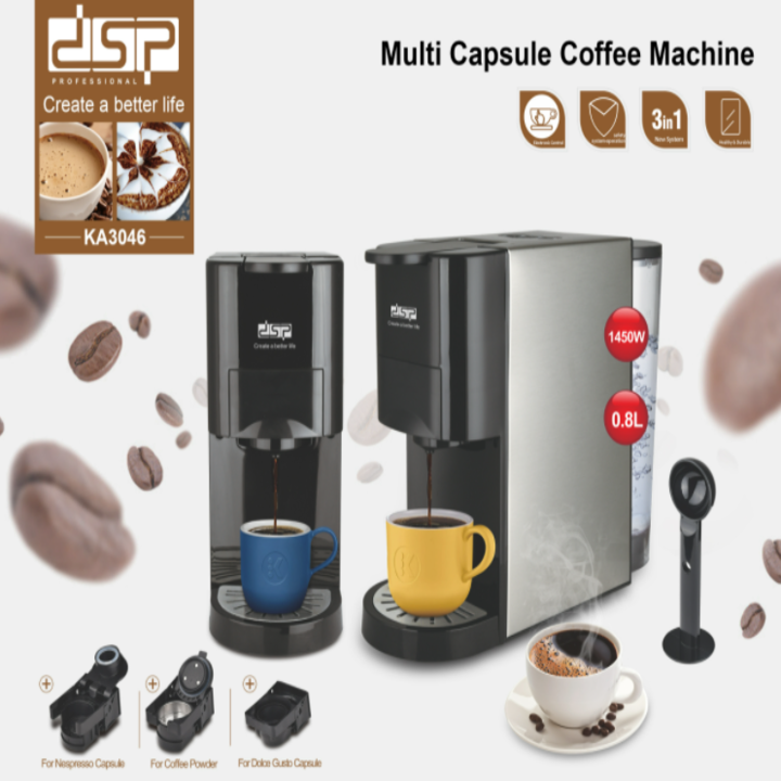 Máy pha cà phê 3 trong 1 DSP KA3046 tương tích với Capsule of Nespresso, Dolce Gusto hoặc cà phê xay - Hàng Nhập Khẩu