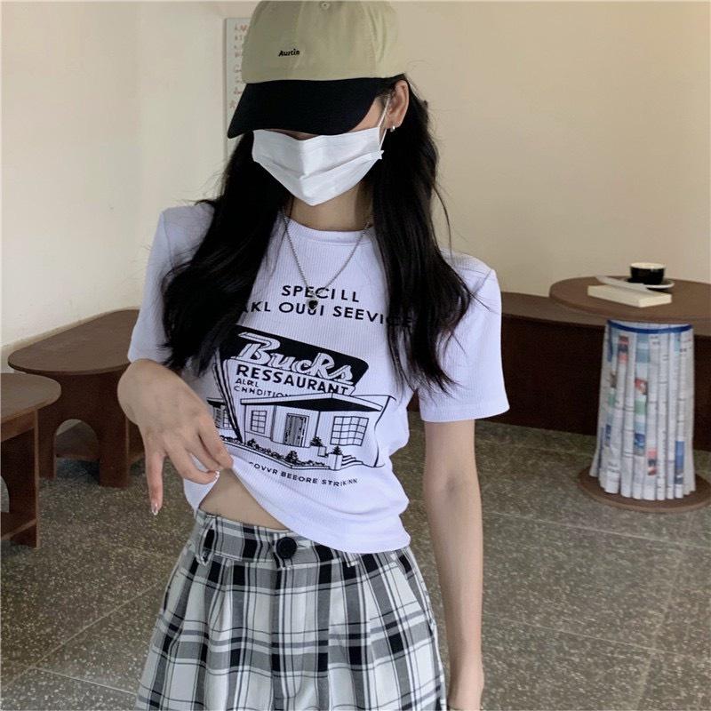 Áo croptop ulzzang in hình, áo thun ôm body sexy tay ngắn Hàn Quốc