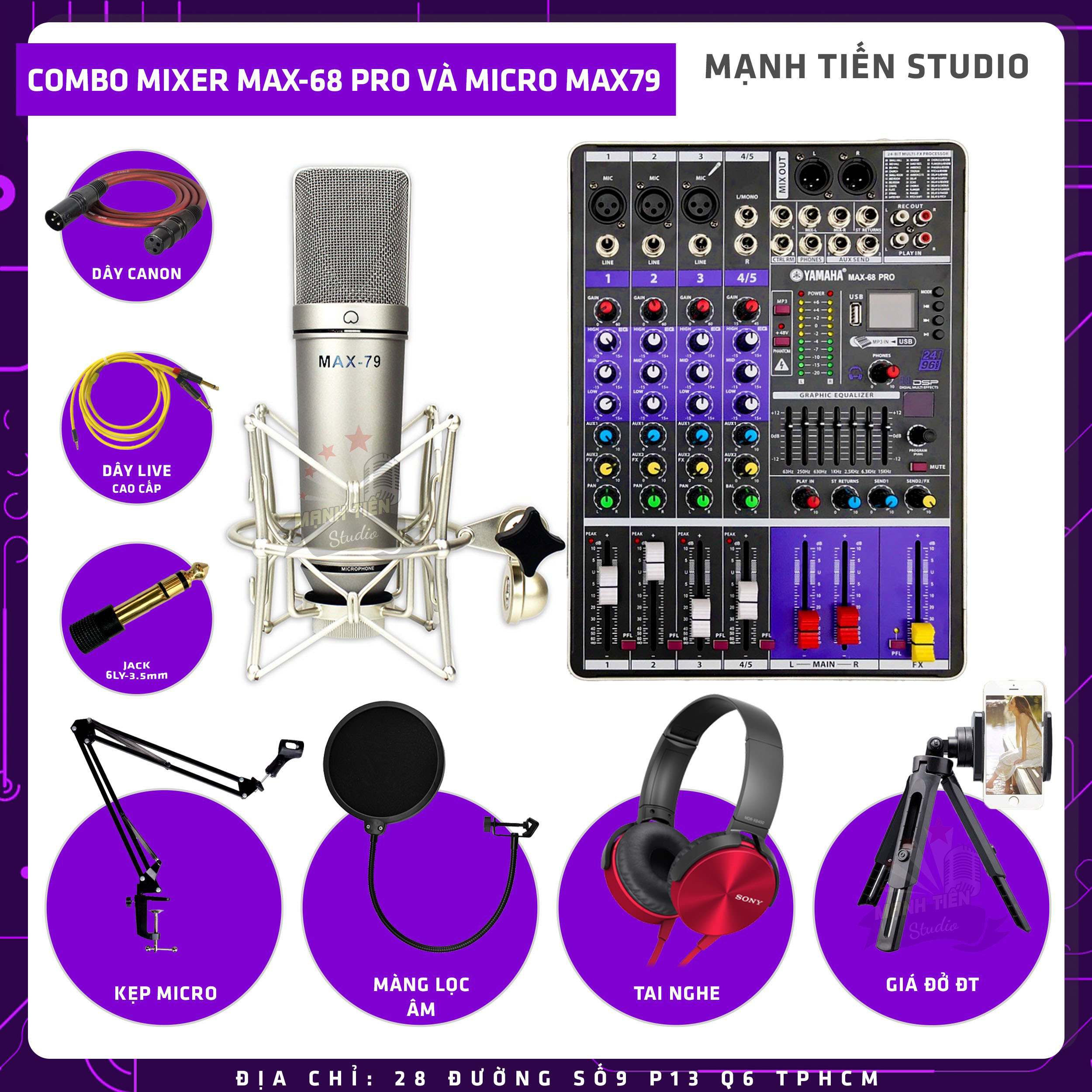 Combo thu âm, livestream Micro Max 79, Mixer Max 68 Pro - Kèm full phụ kiện kẹp micro, màng lọc, tai nghe, giá đỡ ĐT, dây canon, dây livestream - Hỗ trợ thu âm, karaoke online chuyên nghiệp - Hàng nhập khẩu