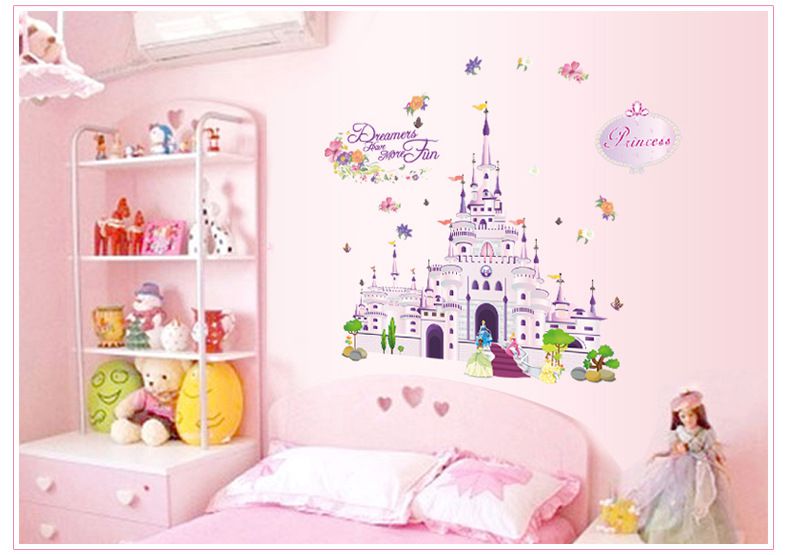 Decal dán tường cho bé gái Lâu đài công chúa màu hồng dễ thương