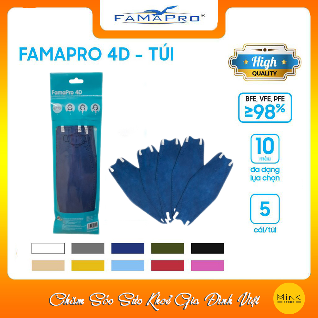THÙNG – FAMAPRO 4D – Khẩu trang y tế kháng khuẩn cao cấp Famapro 4D tiêu chuẩn KF94 500 cái thùng – XANH NAVY – 1 Thùng 100 Túi