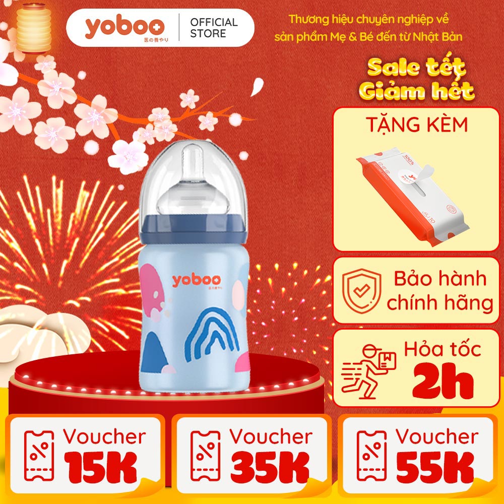 Bình sữa thủy tinh Yoboo dung tích 240ml/ 160ml chịu nhiệt cao có lớp bọc silicone cảm biến nhiệt - Hàng chính hãng
