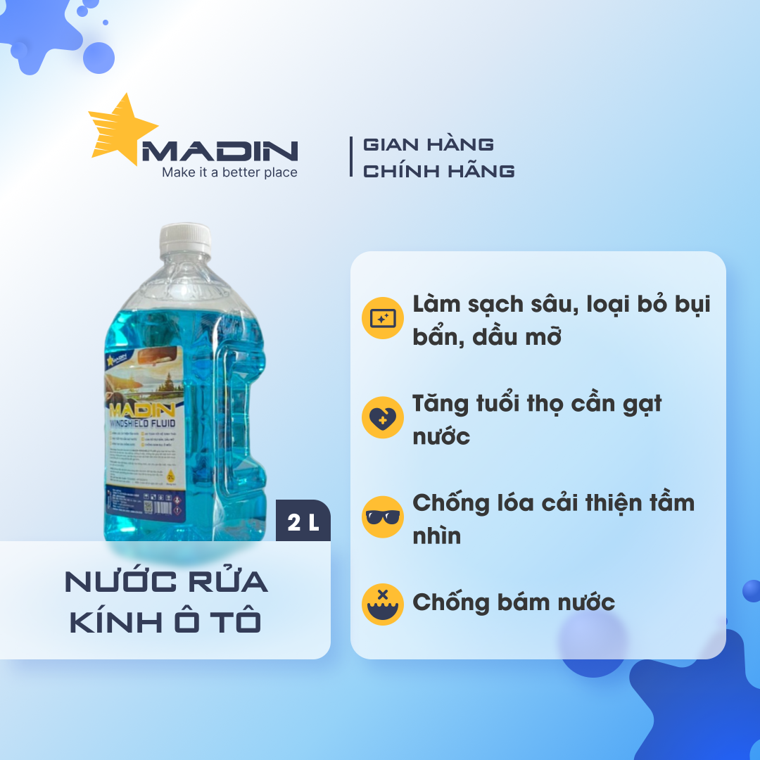 Nước Rửa Kính hữu cơ Ô Tô Madin Windshield Fluid chống bám nước, làm sạch sâu, chống ố mốc