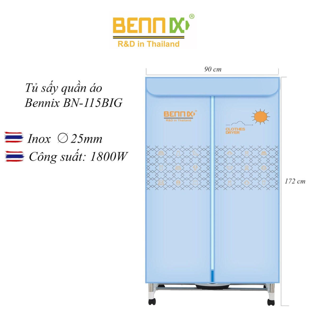 Tủ sấy quần áo Bennix BN-115BIG công suất 1800W, công nghệ Thái Lan, máy sấy quần áo công suất lớn, 25kg sấy quần áo/ lần - Hàng chính hãng