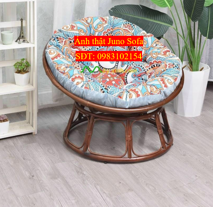 Ghế mặt trăng Papasan mây thật cao cấp Juno Sofa size 1m, Nệm hoa văn Indochine