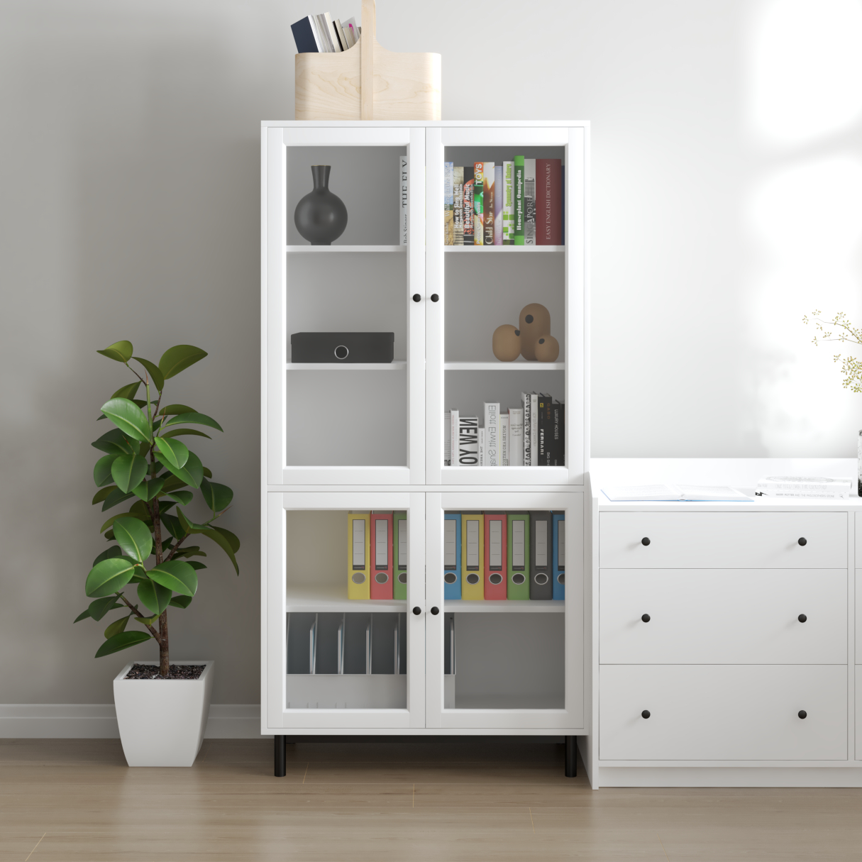 CATY , Kệ sách 5 tầng cửa kính - chân sắt , 90cm x 39cm x 180cm , KSA_020