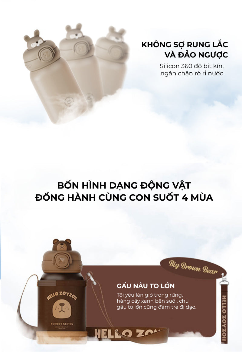 Bình nước giữ nhiệt cho bé Zoyzoii E8 có túi đựng Thermos cup, chất liệu inox 316 cao cấp, nắp chống rò nước an toàn, hình thú đáng yêu - Hàng chính hãng