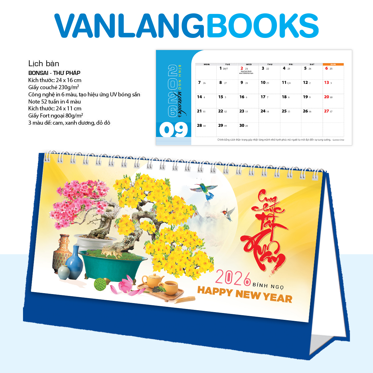 Lịch Bàn 2026 Vanlangbooks - Bonsai &amp; Thư Pháp (VLLB17) - Màu Xanh