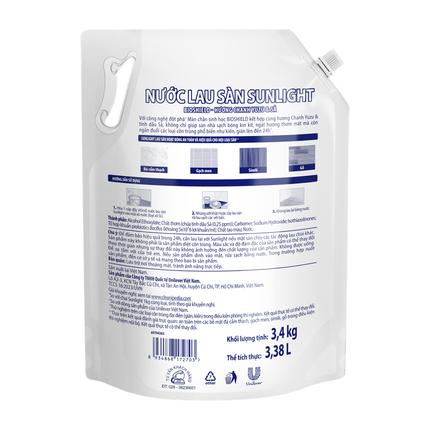 Nước Lau Sàn Sunlight BIOSHIELD Ngăn Côn Trùng Hiệu Quả Hương Chanh Yuzu &amp; Sả Túi 3.4KG