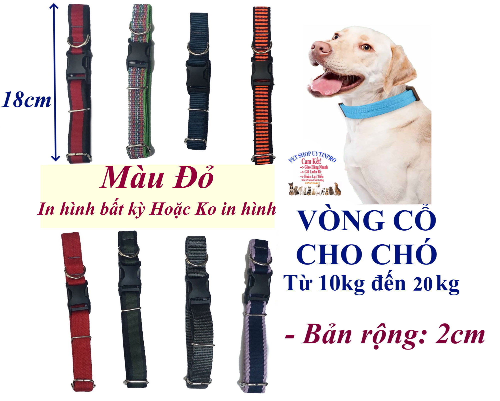 Vòng cổ cho Chó từ 10kg đến 20kg Bản rộng 2cm Chất liệu dù cao cấp, Chắc chắn, An toàn cho thú cưng