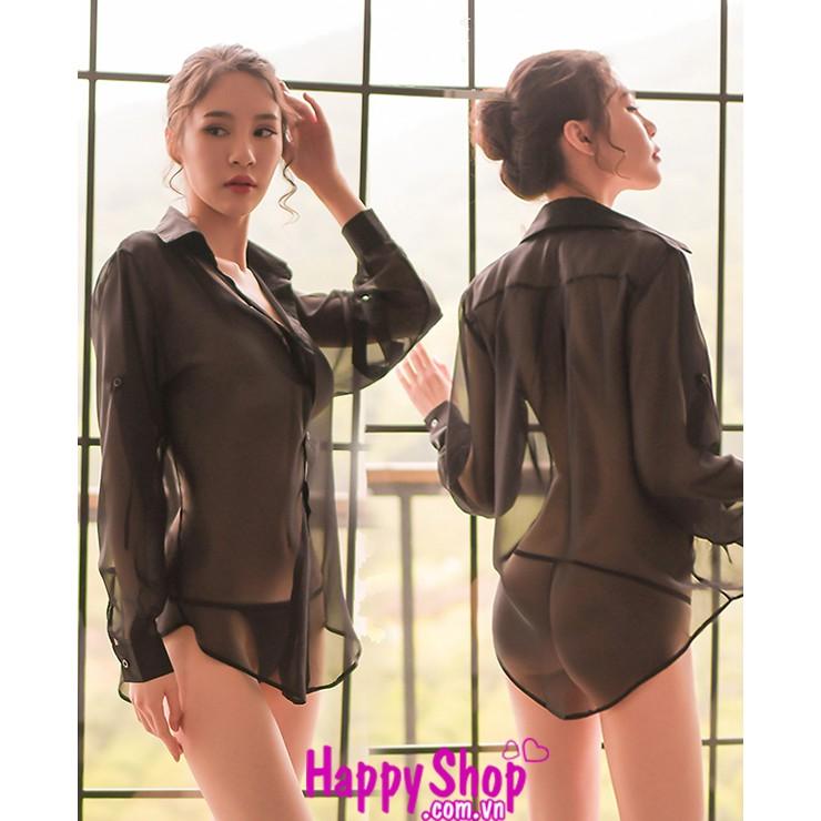 Áo sơ mi cài nút trong suốt gợi cảm, áo ngủ tay dài xuyên thấu sexy TK1291