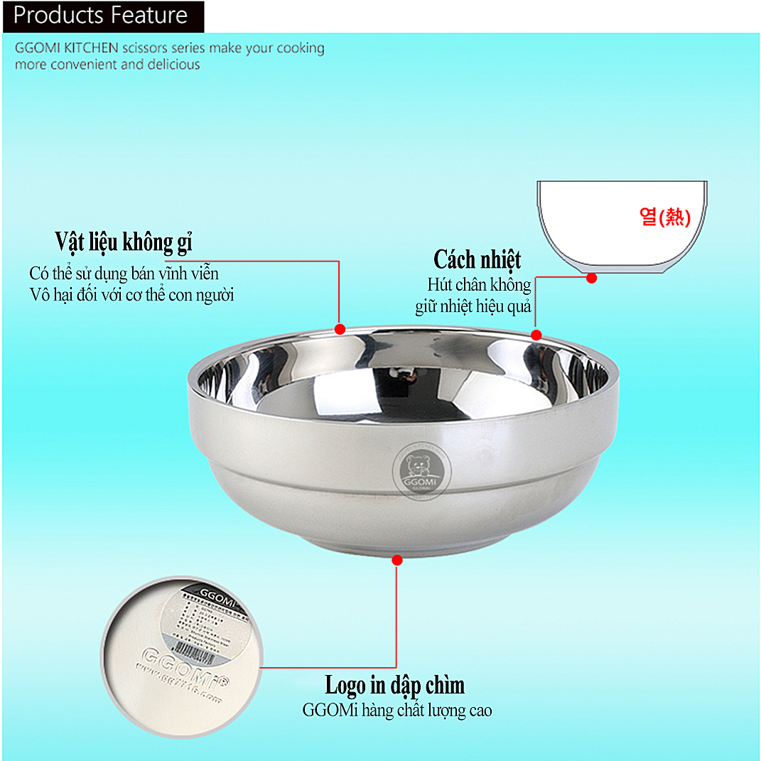 Bát inox giữ nhiệt bằng thép không gỉ, hút chân không giữ thành và lòng bát của GGOMi Hàn Quốc