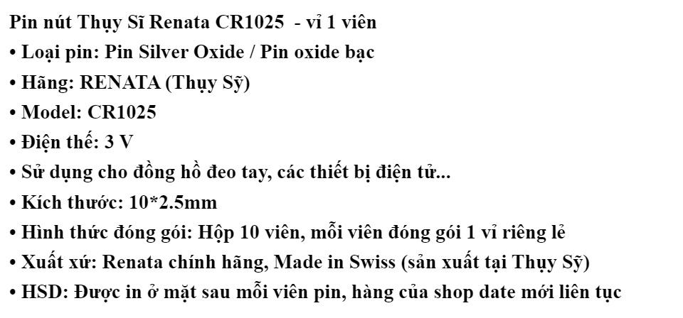 Pin nút Thụy Sỹ RENATA CR1025 3V Made in Swiss