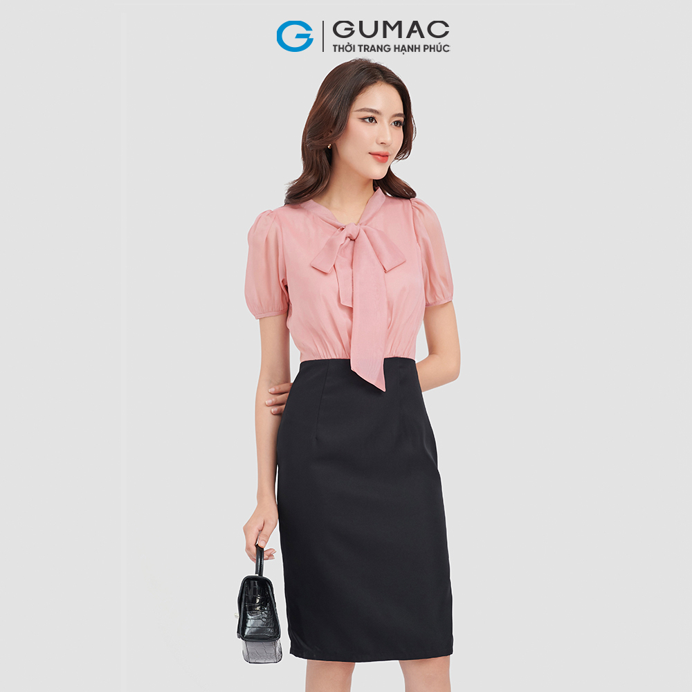 Đầm form U GUMAC DC09071 cổ nơ nhún eo thanh lịch