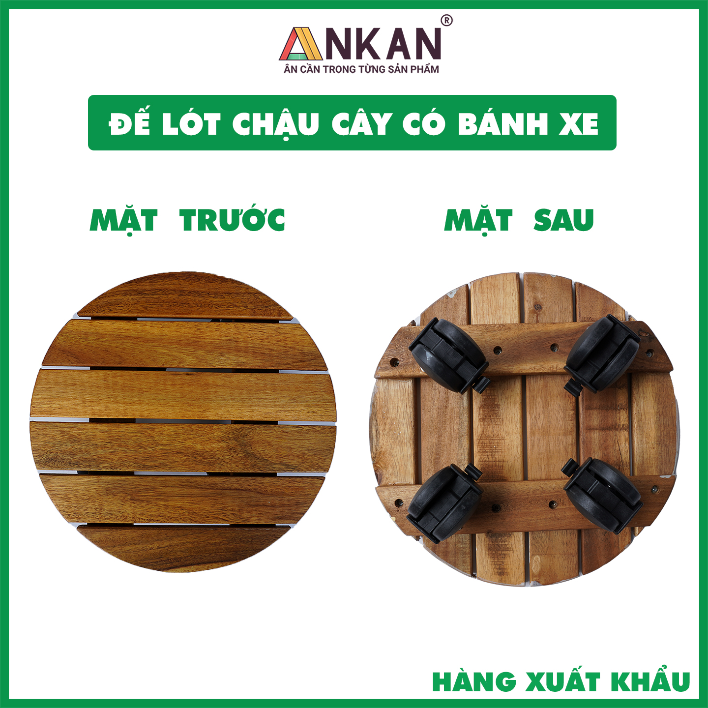 Đế Lót Chậu Cây Có Bánh Xe Thương Hiệu ANKAN, Đế Để Chậu Cây, Có Bánh Xe, Mặt Tròn Bằng Gỗ Tràm, Màu Vàng Đường Kính 30 Cm, Tải Trọng 80kg - Dễ Dàng Đẩy Cây Ra Ngoài Phơi Nắng, Dọn Dẹp Sân Vườn Khi Trời Mưa