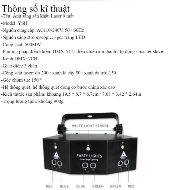 Đèn Chiếu LASER 9 Mắt Cảm Biến Âm Thanh Sân Khấu,Phòng Hát Karaoke
