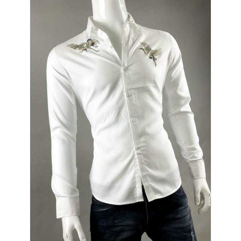 Áo sơ mi nam nữ trắng thêu 2 chim TM