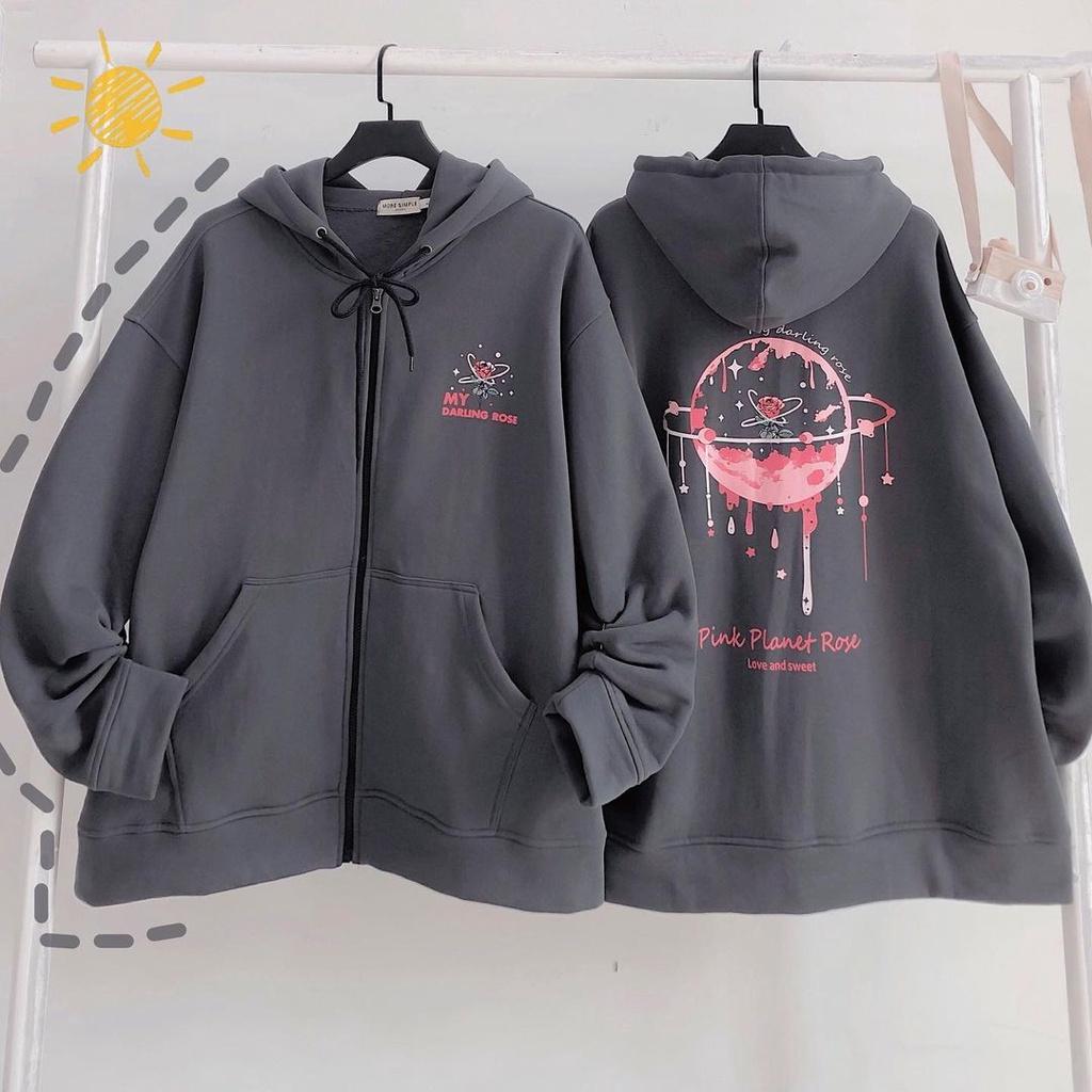 Áo Khoác Nỉ Bông PLANET ROSE Phối Dây Kéo Form Rộng Ulzzang