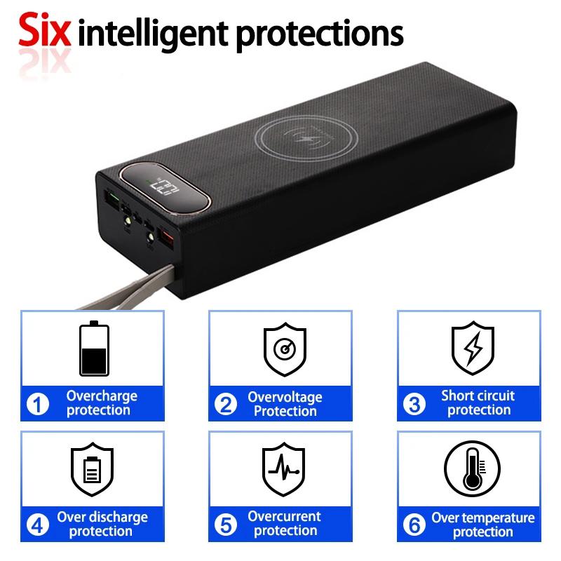 20x 18650 Pin Power Bank Hộp đựng hộp sạc USB kép Màn hình LCD Hỗ trợ sạc nhanh không dây Bộ lưu trữ pin Màu vỏ: 20-10W-Đen