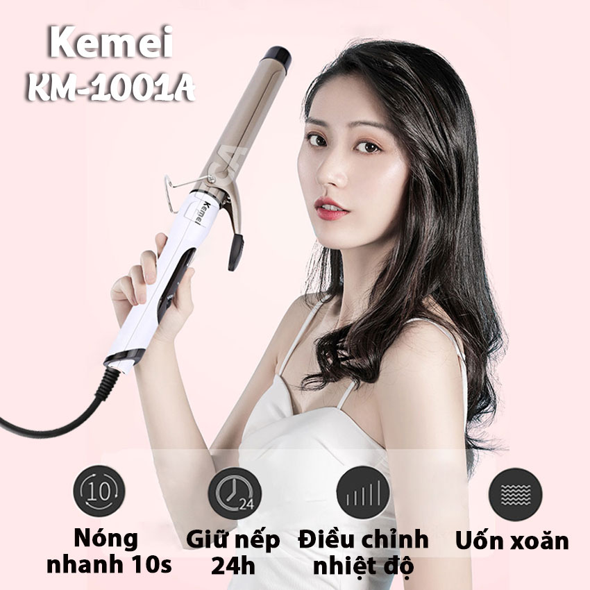 Máy uốn tóc chuyên nghiệp Kemei KM-1001A điều chỉnh 4 mức nhiệt độ chuyên dụng uốn xoăn, uốn cụp, tạo kiểu tóc gợn sóng bồng bềnh Tặng kèm lược chải tóc rồi ( Giao màu ngẫu nhiên )