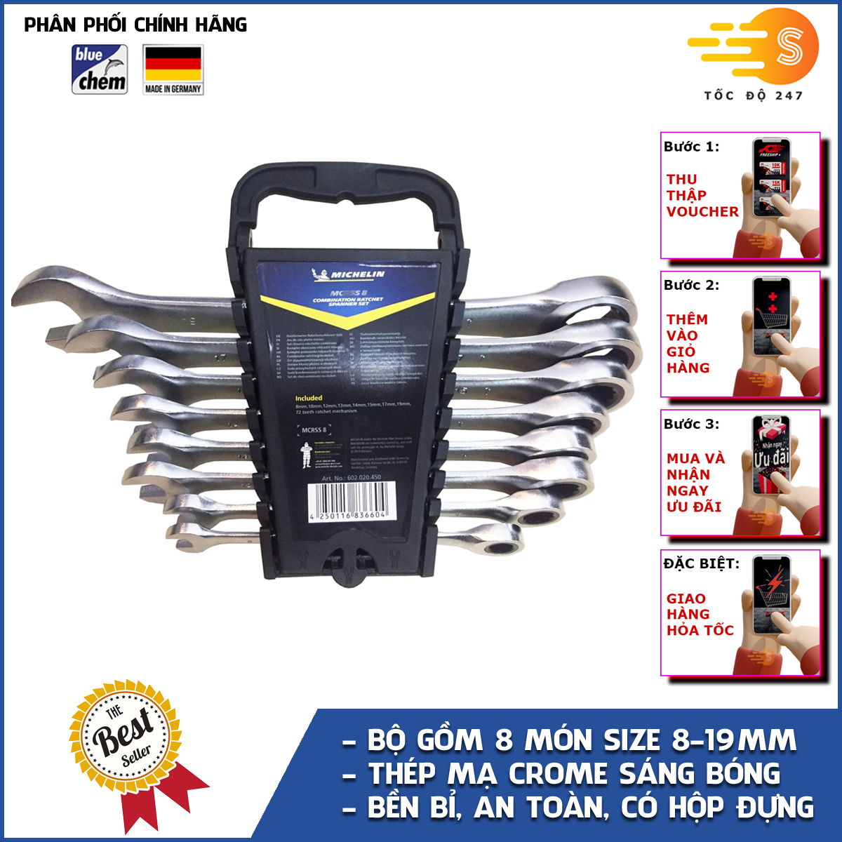 Bộ cờ lê vòng miệng 8 chi tiết 8mm - 19mm đa năng Michelin DS001 - Chìa khóa mở, có hộp đựng, thép chuyên dụng, mở đai ốc bulông dễ dàng