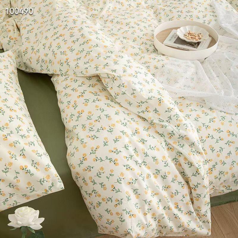 Bộ Chăn Ga Gối Cotton Living 100%cotton Hàng Nhập Khẩu Cao Cấp 4 Món Hoa Vintage Nhí Xanh