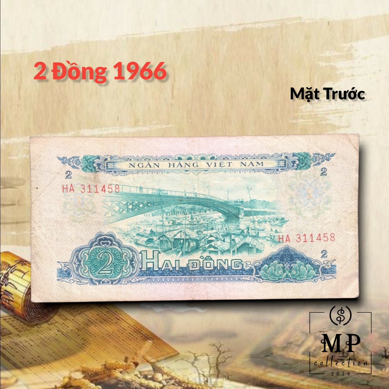 Tờ tiền cổ 2 đồng hình Cầu Mống Sài gòn năm 1966 - Tiền xưa sưu tầm.