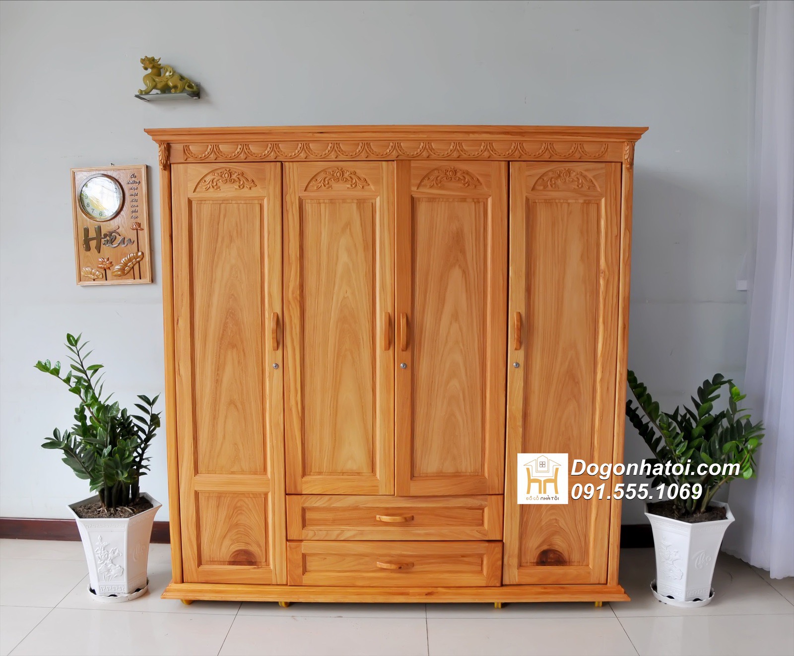 Tủ quần áo gỗ gõ đỏ tự nhiên 4 cánh hiện đại - TA249
