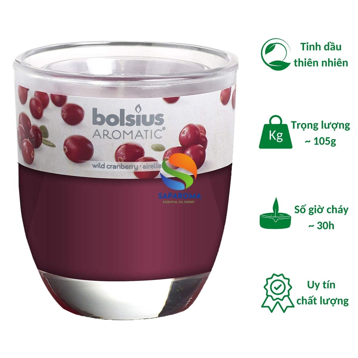 Ly nến thơm tinh dầu Bolsius Wild Cranberry 105g QT024346 - nam việt quất, nến trang trí, thơm phòng, thư giãn, khử mùi