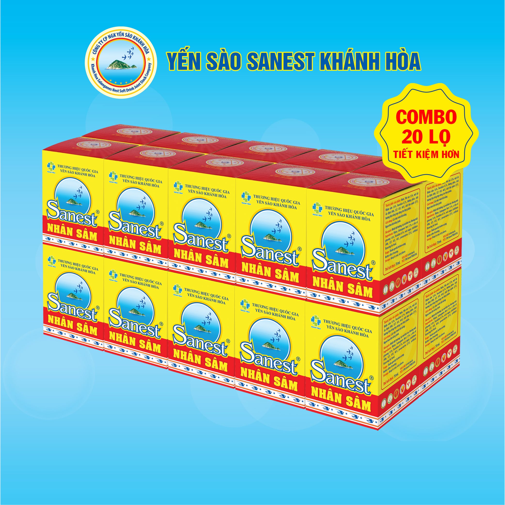 [Combo 20 lọ] Nước Yến sào Khánh Hòa Sanest Fucoidan Nhân sâm đóng lọ 70ml - 700