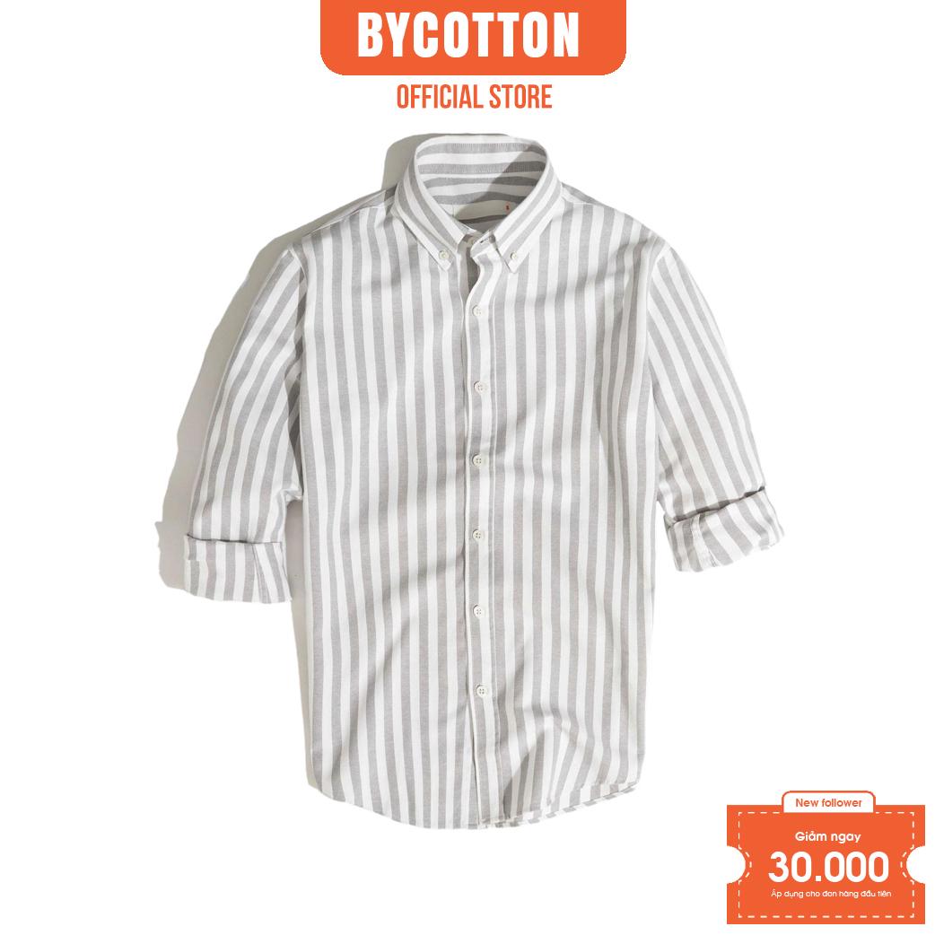 Áo Sơ Mi Nam Ngắn Tay Phối Sọc BY COTTON Light Grey Stripes Oxford 1122