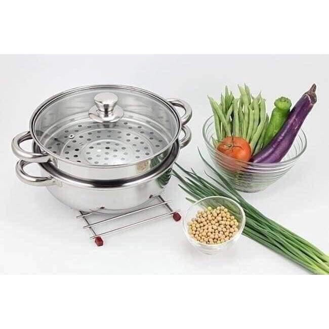 Nồi hấp inox 2 tầng nắp kính cao cấp 28cm dùng được mọi loại bếp