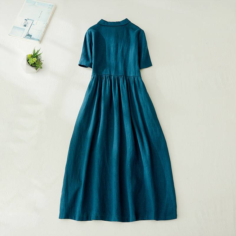 Đầm suông linen cổ sơ mi form rộng màu xanh cổ vịt trẻ trung nữ tính, thời trang phong cách Hàn- Đũi Việt