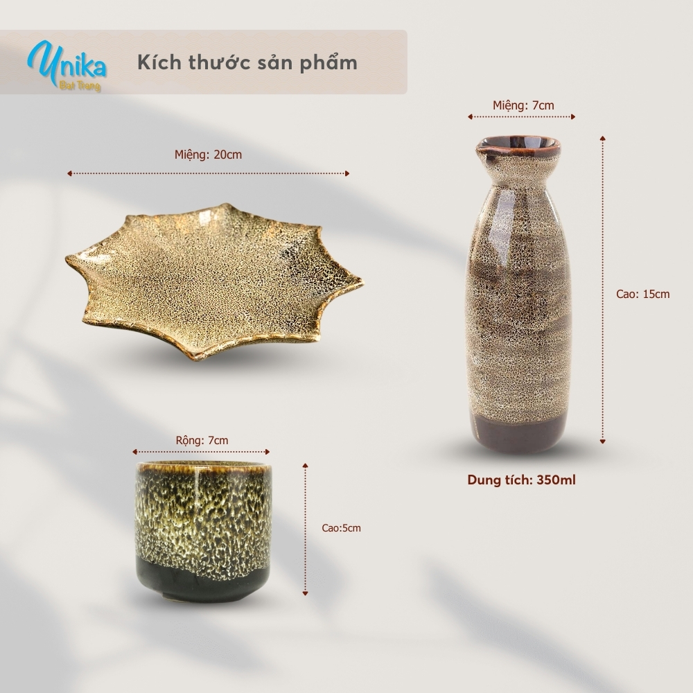 Bộ sake cao men gấm vàng khay quạt - Set sake men hỏa biến - Gốm Unika Bát Tràng