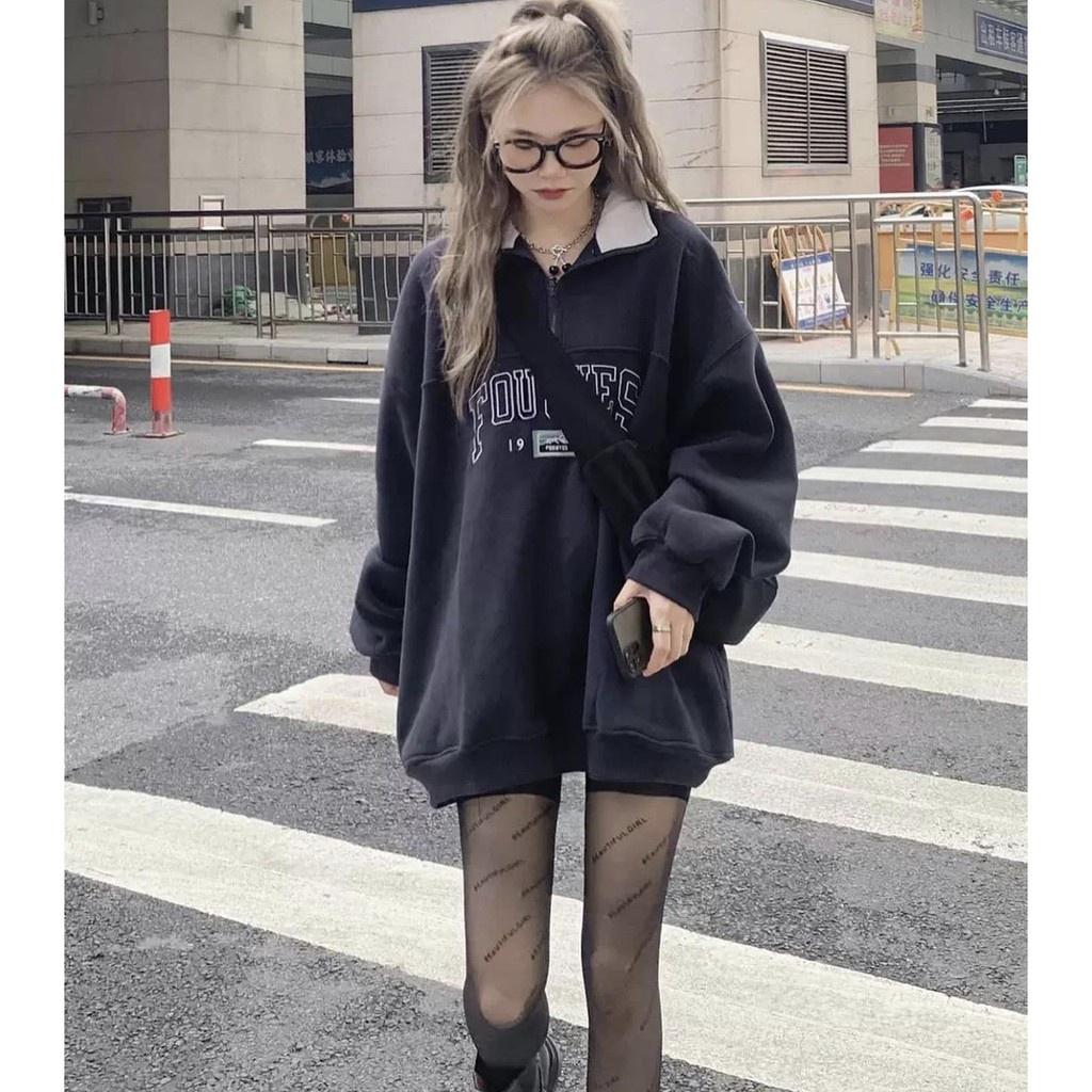 Áo Sweater Oversize Tay Bồng Foruyfs Nữ  Nana's House - FREESHIP  Hoodie suông trơn dáng thụng, họa tiết chữ nổi bật