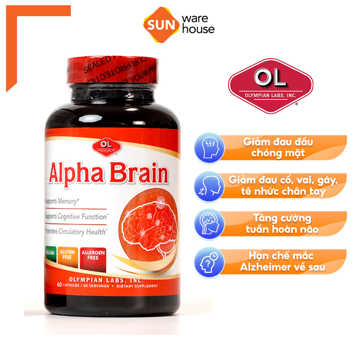 Viên Uống Olympian Labs Alpha Brain Bổ Não, Tăng Cường Tuần Hoàn Máu Não - Hộp 60 Viên