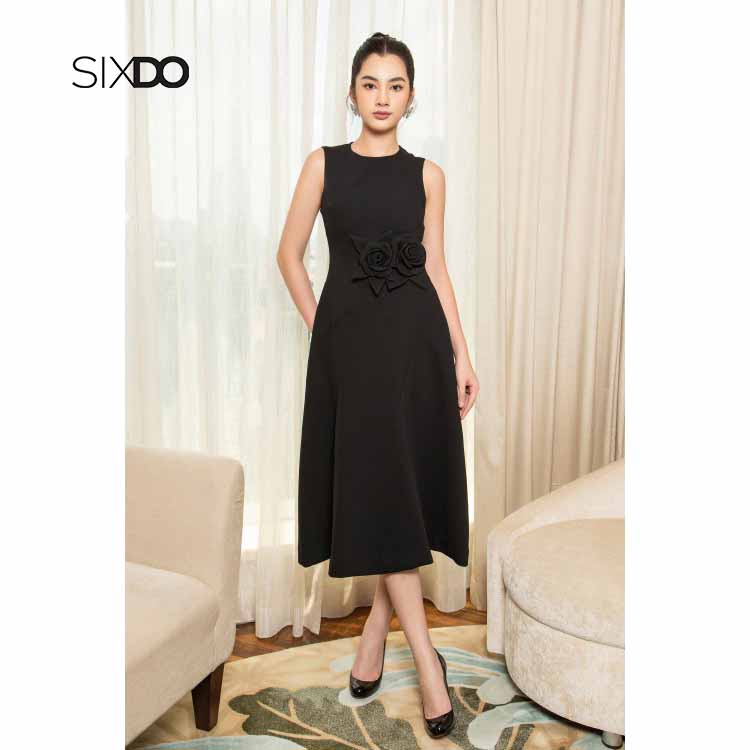 Đầm sát nách dáng xòe phối hoa eo sang trọng SIXDO