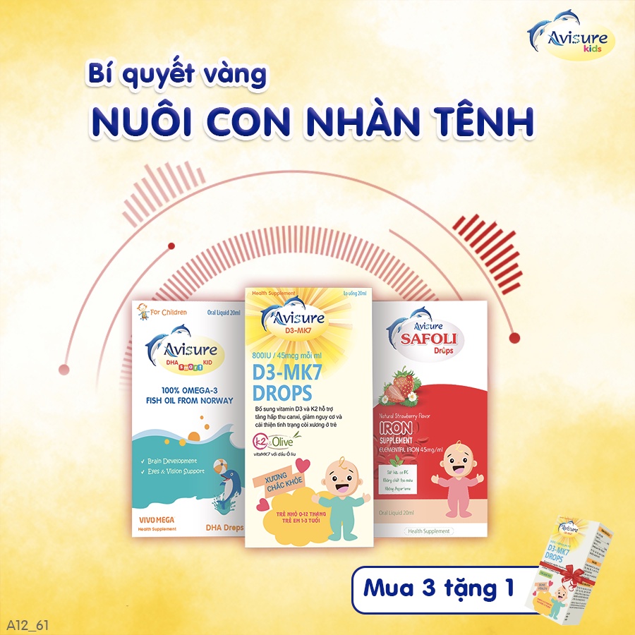 Bộ ba Avisure D3MK7, Avisure DHA smart Kid, Avisure Safoli Drop bổ sung D3, DHA, Sắt tinh khiết tự nhiên cho bé cao lớn, khoẻ mạnh, thông minh vượt trội