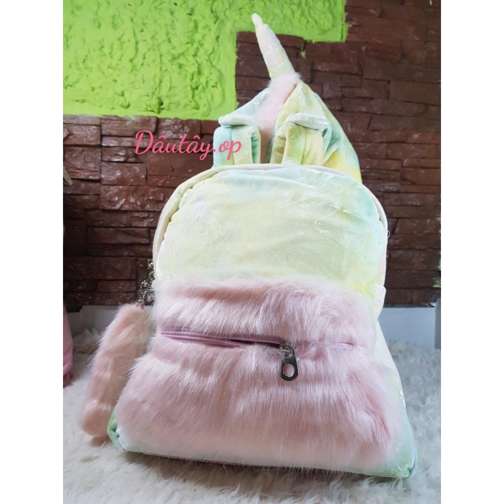 BALO VẢI MÀU CẦU VÒNG KÈM NÓN HÌNH UNICORN