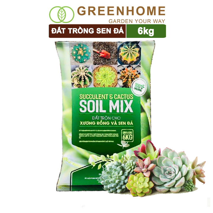 Đất Trồng Sen Đá Greenhome, Bao 6kg, Soil Mix, Trộn Sẵn, Tiện Lợi, Đầy Đủ Dinh Dưỡng, Thoát Nước Tốt, Cây Nhanh Lớn