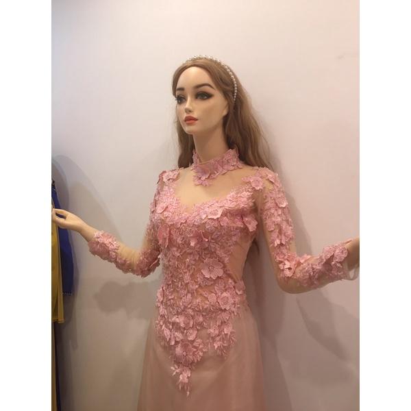 Áo dài cưới hồng đuôi dài thanh lý
