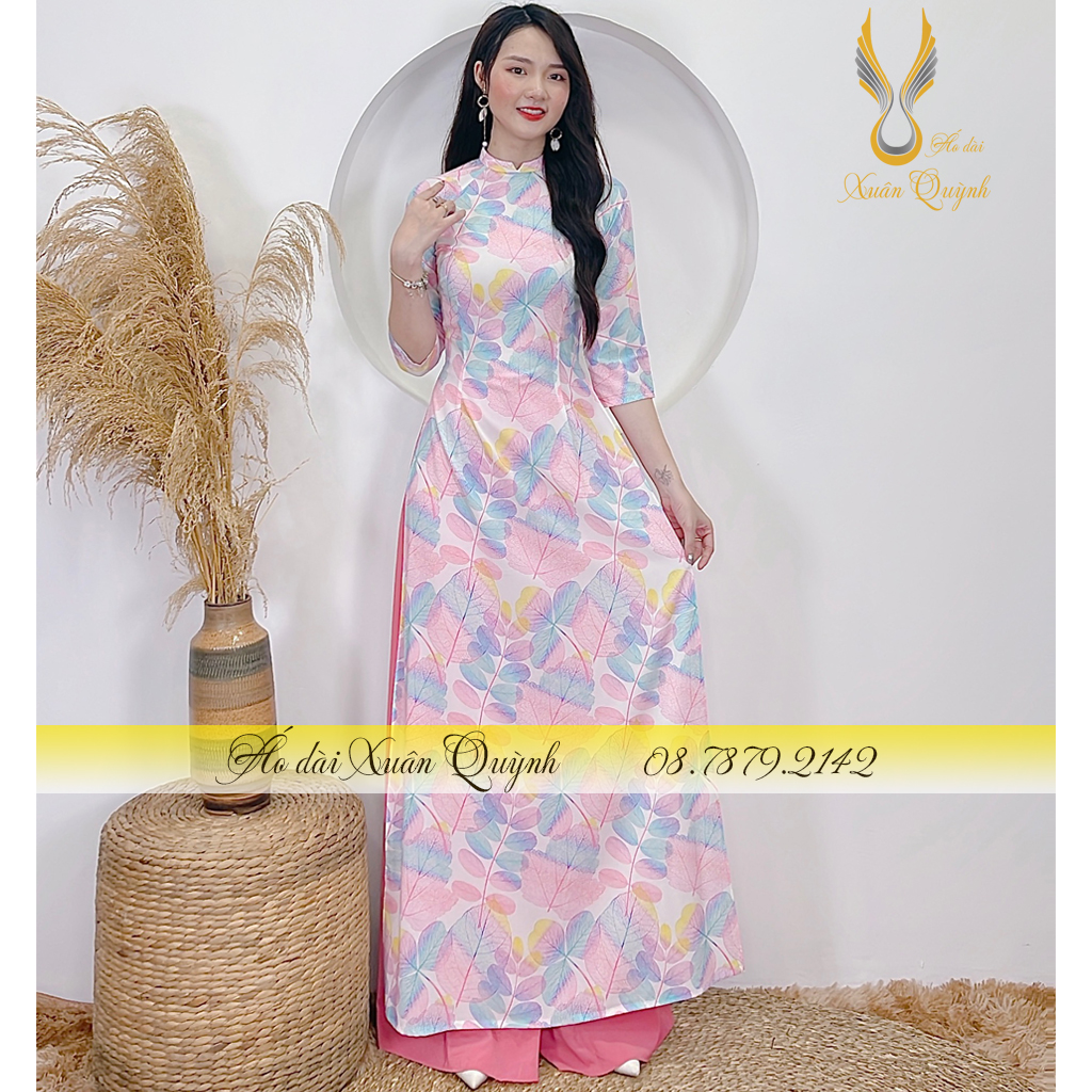 Áo Dài Hoạ Tiết Lá Ombre Hồng Trẻ Trung, Thanh Lịch Tôn Dáng Lụa Habutai Cao Cấp K76