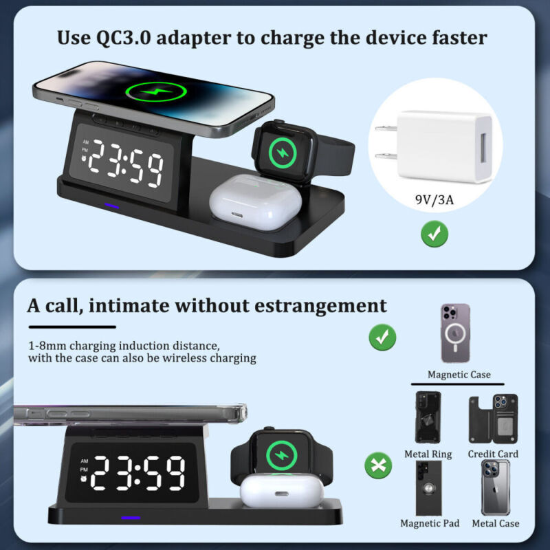 Trạm sạc không dây kiêm đồng hồ báo thức để bàn 4 in 1 HT-506 Alarm Clock Wireless Charger